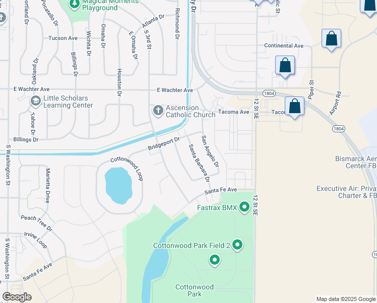 map of restaurants, bars, coffee shops, grocery stores, and more near 2018 Santa Barbara Drive in Bismarck