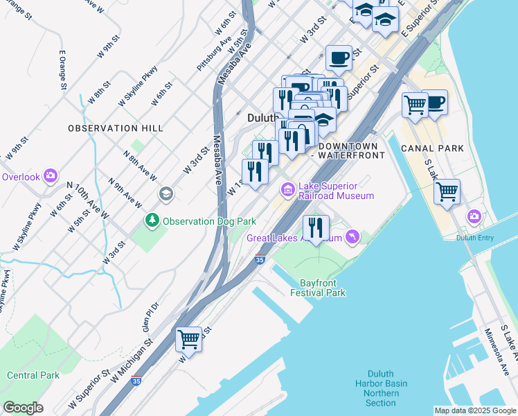 map of restaurants, bars, coffee shops, grocery stores, and more near 600 West Superior Street in Duluth