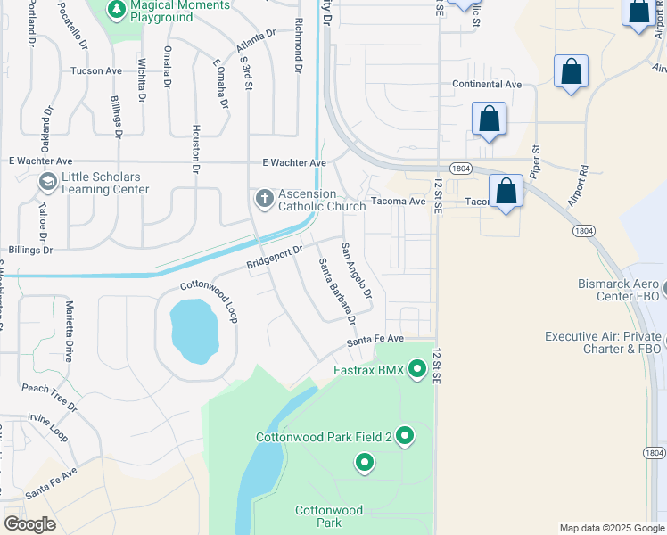 map of restaurants, bars, coffee shops, grocery stores, and more near 2018 Santa Barbara Drive in Bismarck