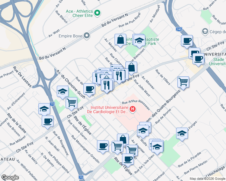 map of restaurants, bars, coffee shops, grocery stores, and more near 2707 Chemin Sainte-Foy in Québec