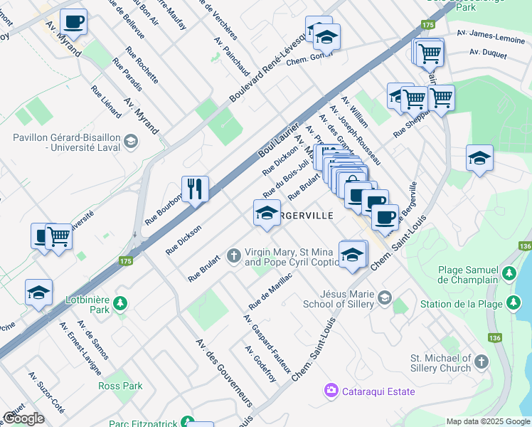 map of restaurants, bars, coffee shops, grocery stores, and more near 2090 Rue Brulart in Ville de Québec