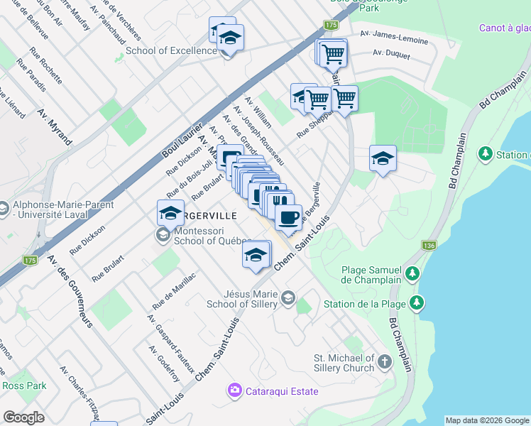 map of restaurants, bars, coffee shops, grocery stores, and more near 1350 Avenue Maguire in Québec