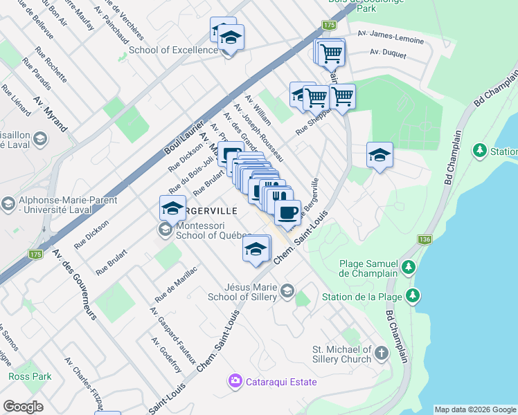 map of restaurants, bars, coffee shops, grocery stores, and more near 1341 Avenue Maguire in Québec