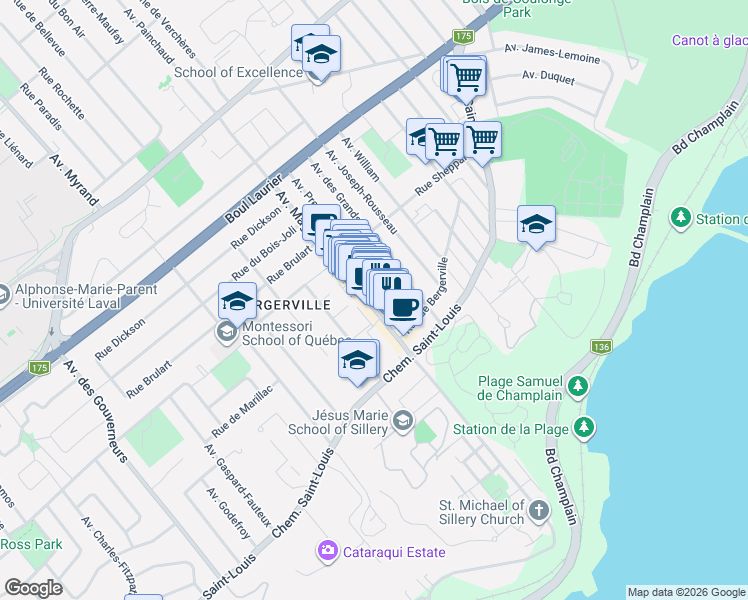 map of restaurants, bars, coffee shops, grocery stores, and more near 1354 Avenue Maguire in Québec