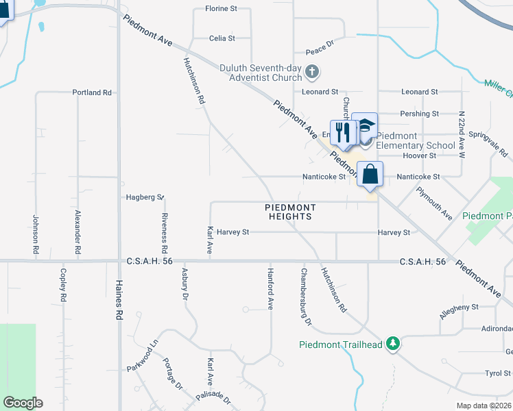 map of restaurants, bars, coffee shops, grocery stores, and more near 2802 Hagberg Street in Duluth