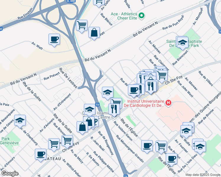 map of restaurants, bars, coffee shops, grocery stores, and more near 2804 Rue Laprade in Québec City