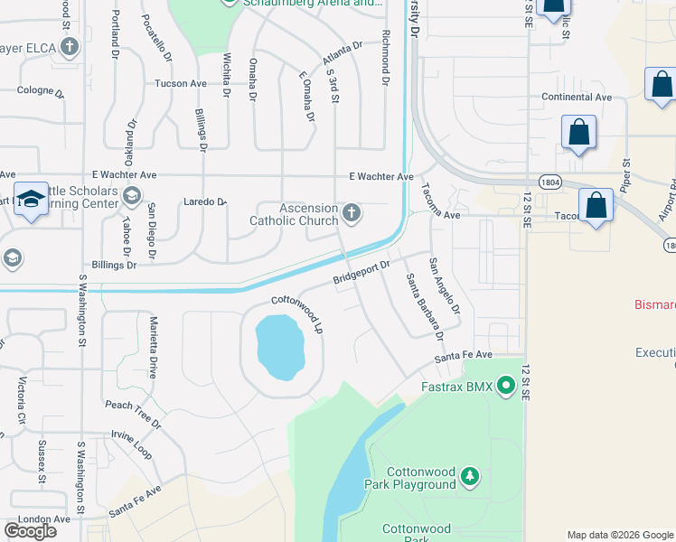 map of restaurants, bars, coffee shops, grocery stores, and more near 645 Bridgeport Drive in Bismarck