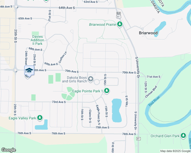 map of restaurants, bars, coffee shops, grocery stores, and more near 7045 15th Street South in Fargo