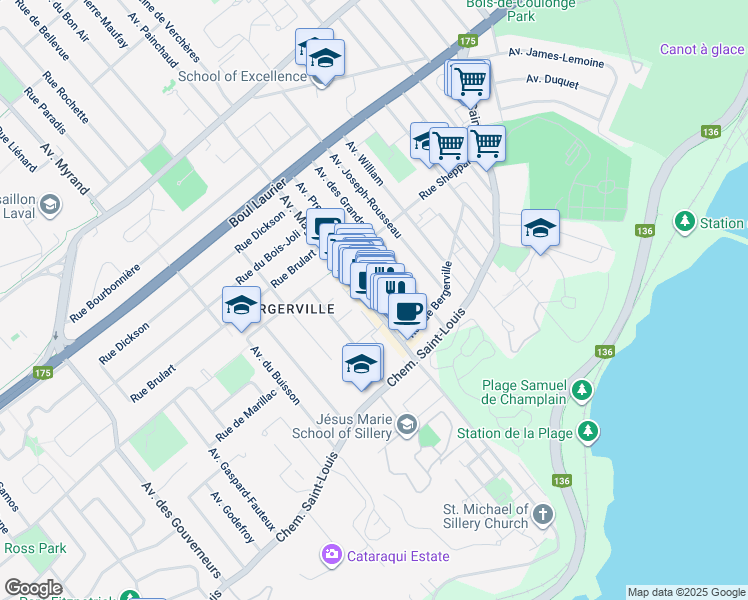 map of restaurants, bars, coffee shops, grocery stores, and more near in Québec City
