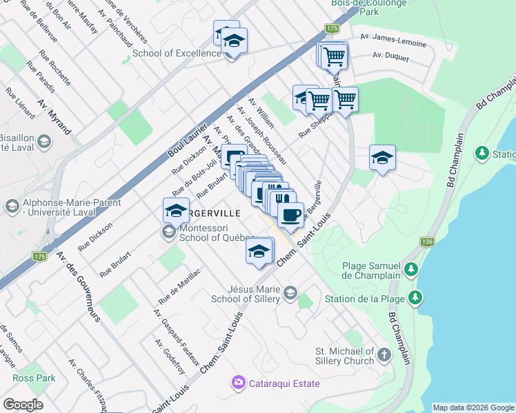 map of restaurants, bars, coffee shops, grocery stores, and more near 1323 Avenue Maguire in Québec