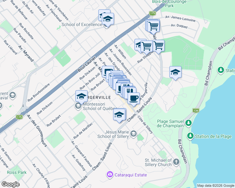 map of restaurants, bars, coffee shops, grocery stores, and more near 1323 Avenue Maguire in Québec