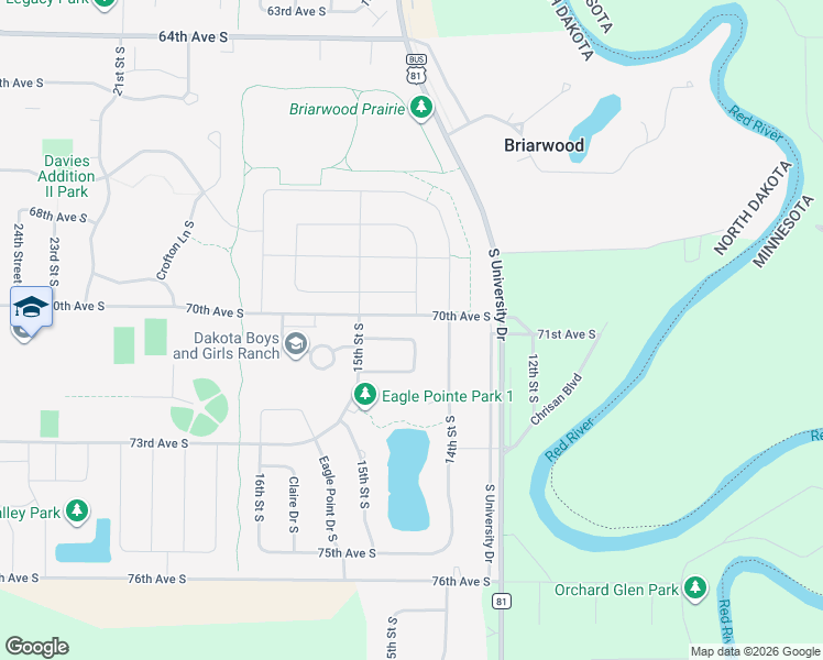 map of restaurants, bars, coffee shops, grocery stores, and more near 1427 71st Avenue South in Fargo