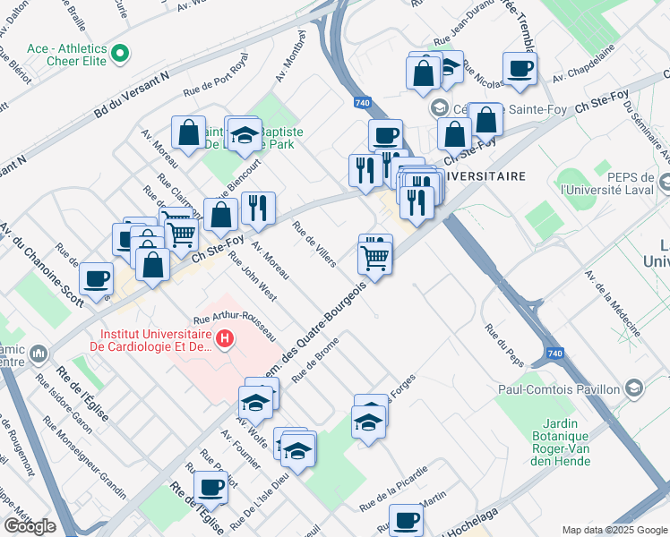 map of restaurants, bars, coffee shops, grocery stores, and more near 888 Rue de Villers in Ville de Québec