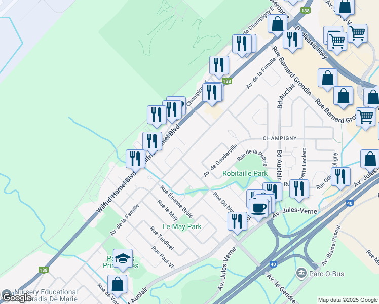 map of restaurants, bars, coffee shops, grocery stores, and more near 1751 Avenue de la Famille in Ville de Québec