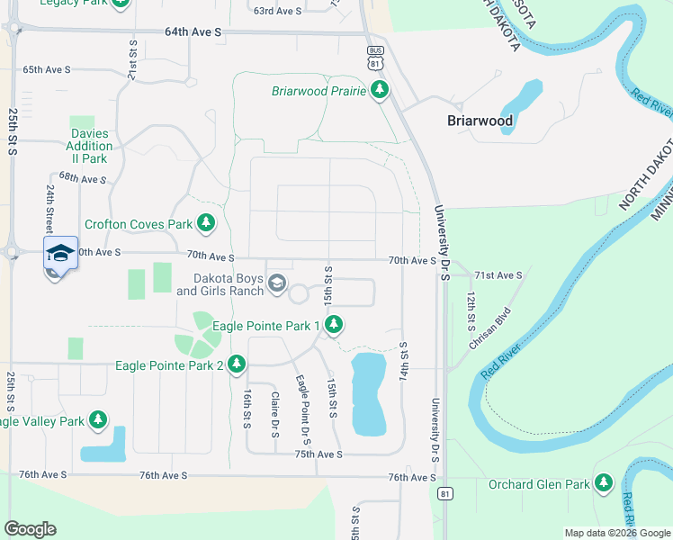 map of restaurants, bars, coffee shops, grocery stores, and more near 1498 71st Avenue South in Fargo