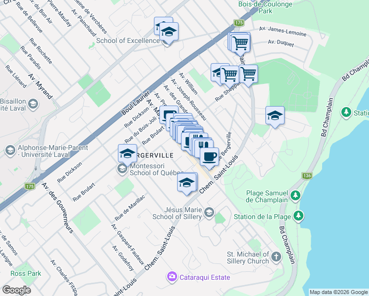 map of restaurants, bars, coffee shops, grocery stores, and more near 1323 Avenue Maguire in Québec