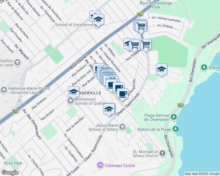 map of restaurants, bars, coffee shops, grocery stores, and more near 1320 Avenue Maguire in Québec