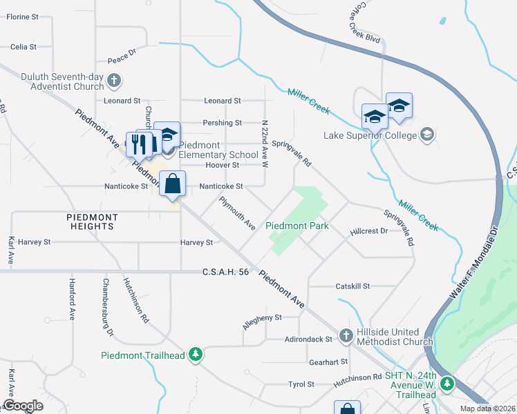 map of restaurants, bars, coffee shops, grocery stores, and more near 2208 Nanticoke Street in Duluth