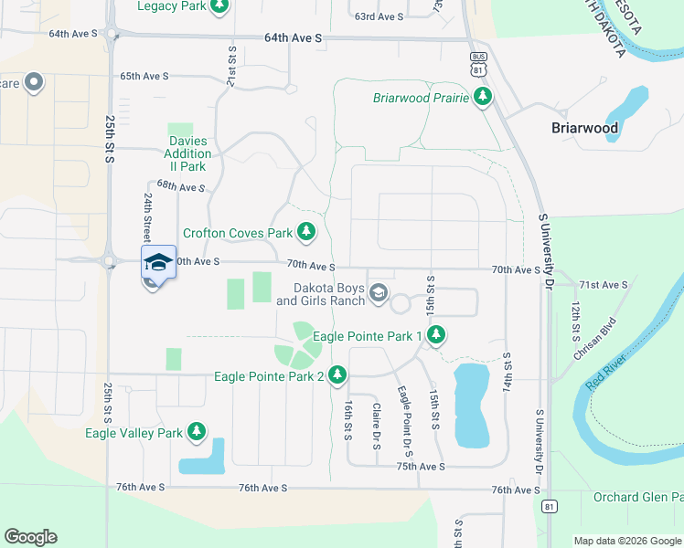 map of restaurants, bars, coffee shops, grocery stores, and more near 7009 16th Street South in Fargo