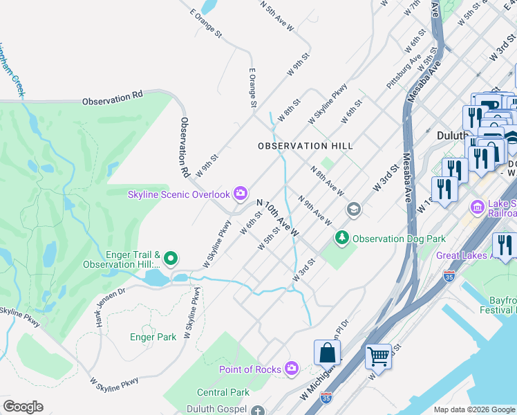 map of restaurants, bars, coffee shops, grocery stores, and more near 1000 West Skyline Parkway in Duluth