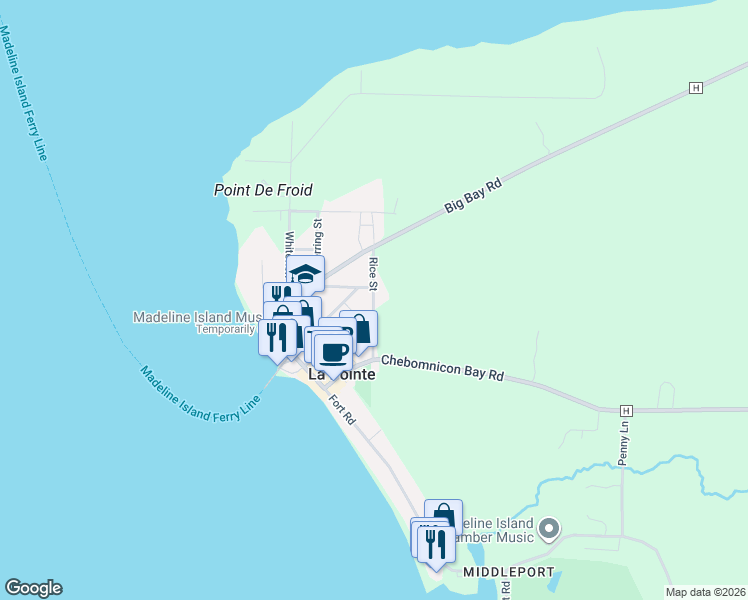 map of restaurants, bars, coffee shops, grocery stores, and more near Rice Street in La Pointe