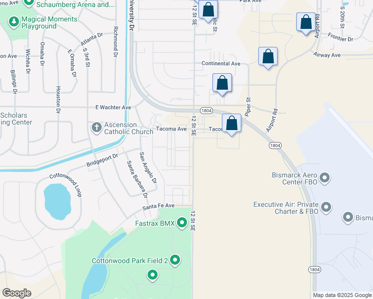 map of restaurants, bars, coffee shops, grocery stores, and more near 1125 Tacoma Avenue in Bismarck