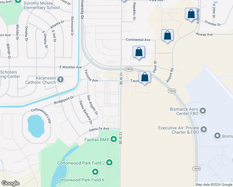 map of restaurants, bars, coffee shops, grocery stores, and more near 2020 South 12th Street in Bismarck