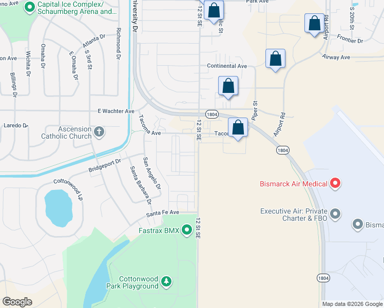 map of restaurants, bars, coffee shops, grocery stores, and more near 2020 South 12th Street in Bismarck