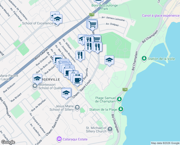 map of restaurants, bars, coffee shops, grocery stores, and more near 1436 Avenue William in Québec