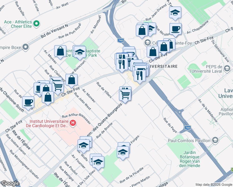 map of restaurants, bars, coffee shops, grocery stores, and more near 999 Rue Beauregard in Québec