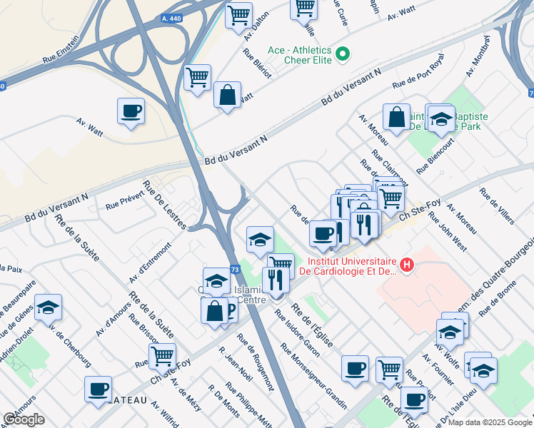 map of restaurants, bars, coffee shops, grocery stores, and more near 736 Avenue du Chanoine Scott in Ville de Québec