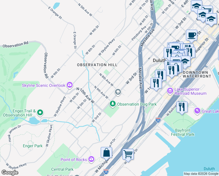 map of restaurants, bars, coffee shops, grocery stores, and more near 809 West 4th Street in Duluth