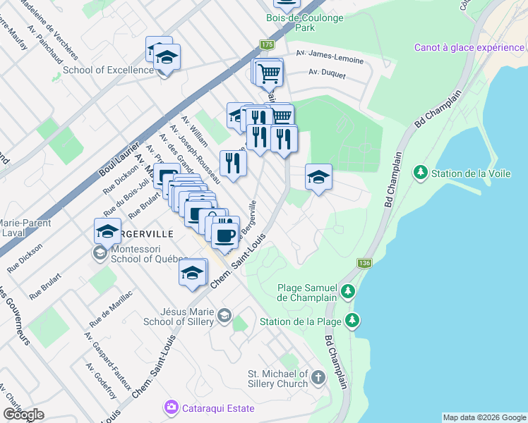 map of restaurants, bars, coffee shops, grocery stores, and more near 1429 Avenue Harriet in Québec
