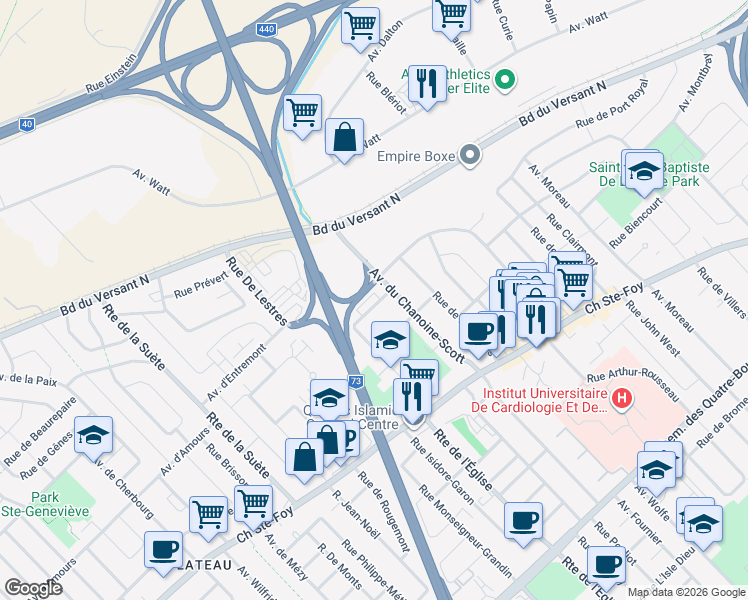 map of restaurants, bars, coffee shops, grocery stores, and more near 2800 Rue Lamberville in Quebec