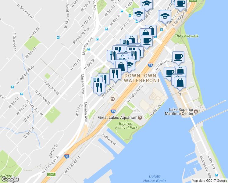 map of restaurants, bars, coffee shops, grocery stores, and more near W Michigan St & S 5th Ave W in Duluth