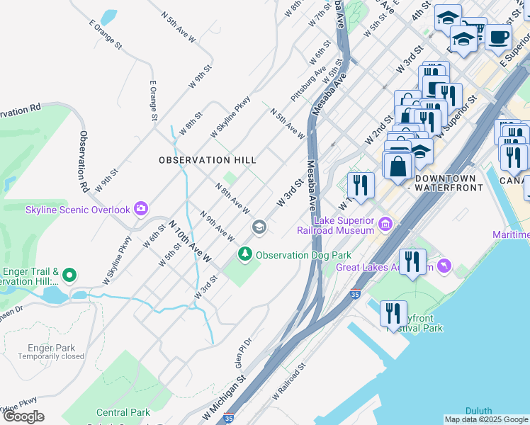 map of restaurants, bars, coffee shops, grocery stores, and more near 721-1/2 West 3rd Street in Duluth