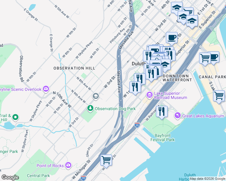 map of restaurants, bars, coffee shops, grocery stores, and more near 631 West 2nd Street in Duluth