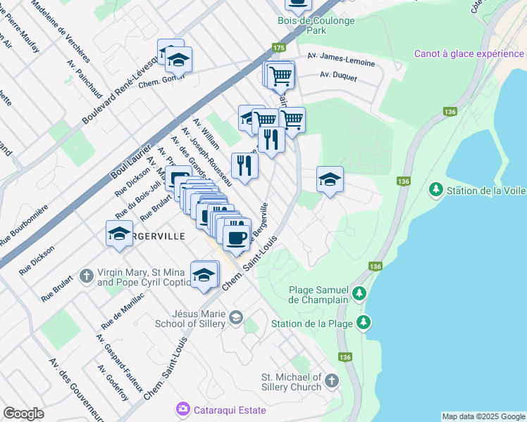 map of restaurants, bars, coffee shops, grocery stores, and more near Rue de Bergerville in Québec