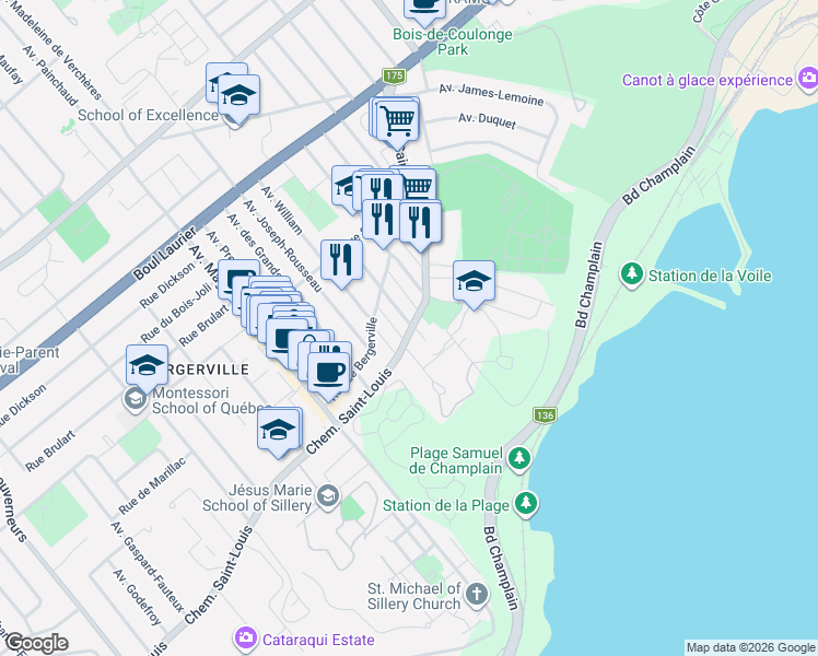 map of restaurants, bars, coffee shops, grocery stores, and more near 1718 Chemin Saint-Louis in Québec