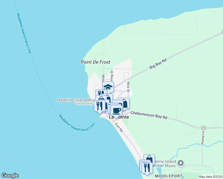 map of restaurants, bars, coffee shops, grocery stores, and more near 300 Big Bay Road in La Pointe