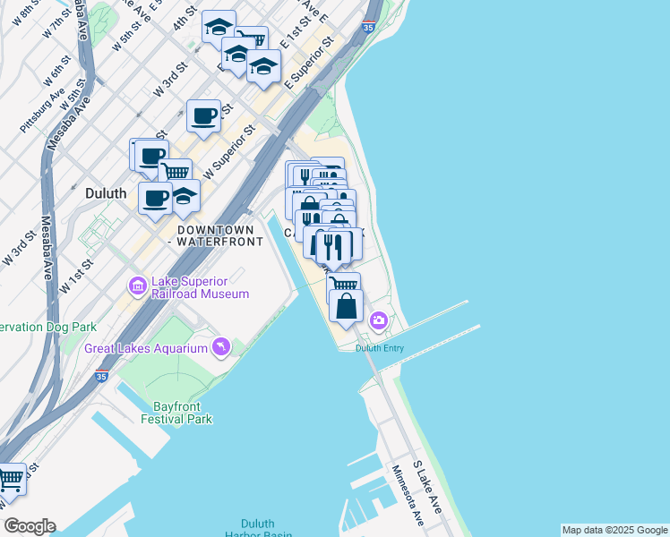 map of restaurants, bars, coffee shops, grocery stores, and more near 394 South Lake Avenue in Duluth