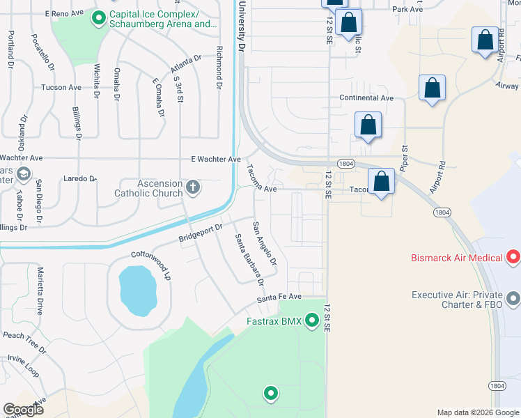 map of restaurants, bars, coffee shops, grocery stores, and more near 869 San Angelo Drive in Bismarck
