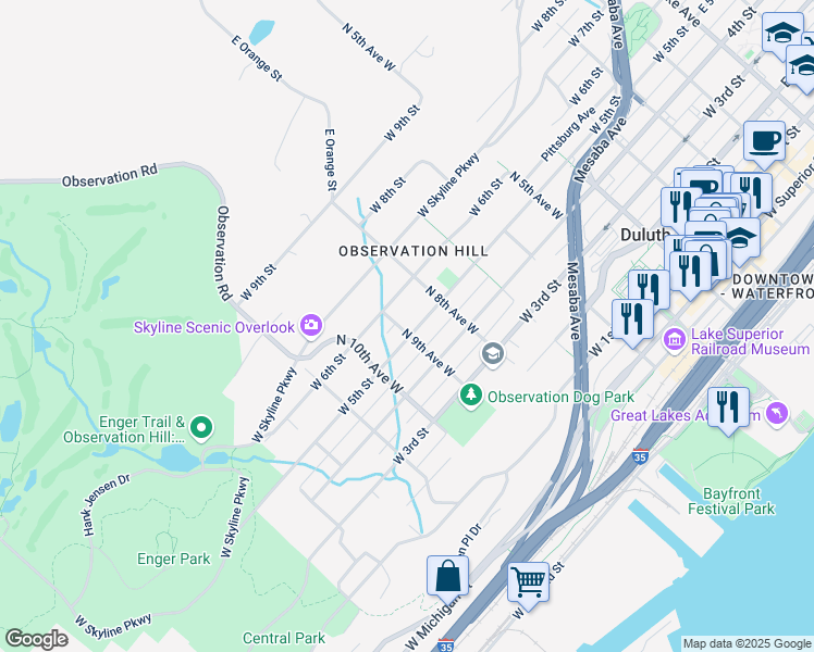 map of restaurants, bars, coffee shops, grocery stores, and more near 831 West 5th Street in Duluth