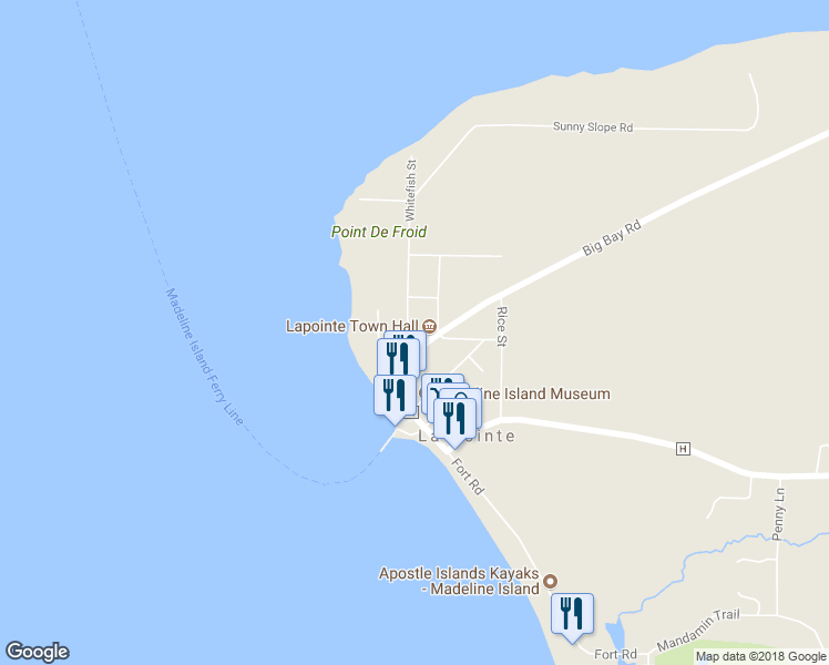map of restaurants, bars, coffee shops, grocery stores, and more near 896 Whitefish Street in La Pointe