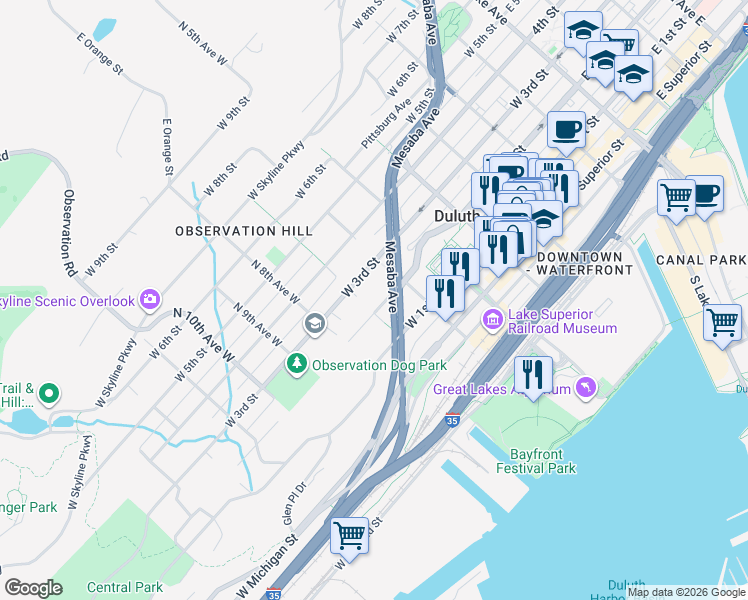 map of restaurants, bars, coffee shops, grocery stores, and more near 625 West 2nd Street in Duluth