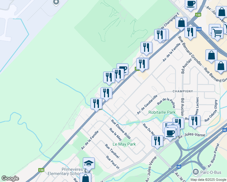 map of restaurants, bars, coffee shops, grocery stores, and more near 7272 Boulevard Wilfrid-Hamel in Quebec