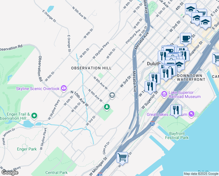 map of restaurants, bars, coffee shops, grocery stores, and more near 322 N 8th Avenue West in Duluth