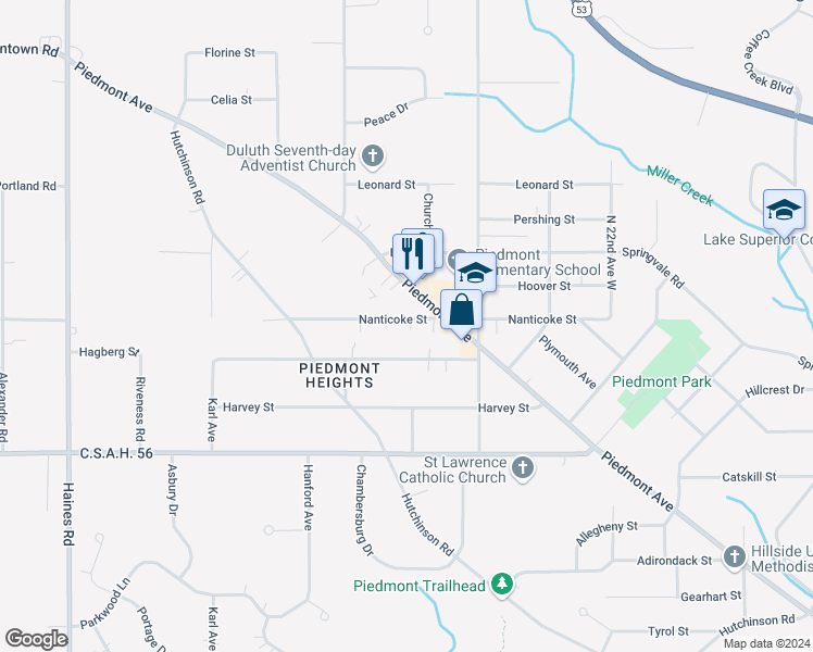 map of restaurants, bars, coffee shops, grocery stores, and more near 2508 Nanticoke Street in Duluth