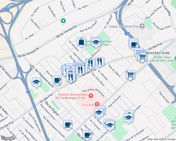map of restaurants, bars, coffee shops, grocery stores, and more near 2660 Chemin Sainte-Foy in Québec