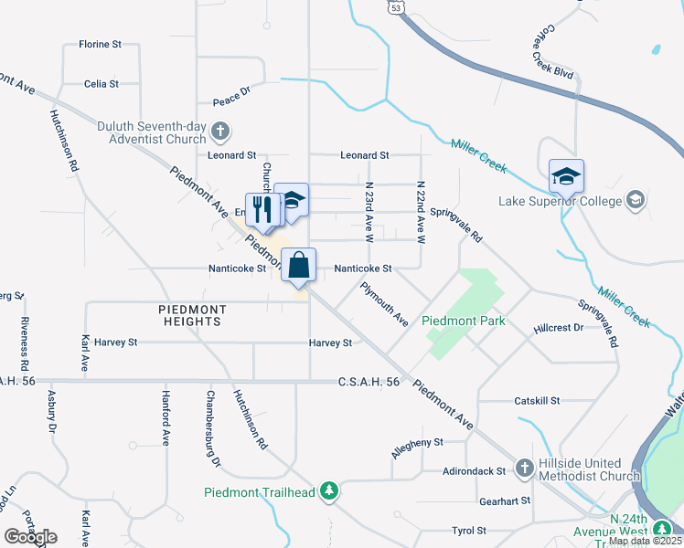 map of restaurants, bars, coffee shops, grocery stores, and more near 2326 Nanticoke Street in Duluth